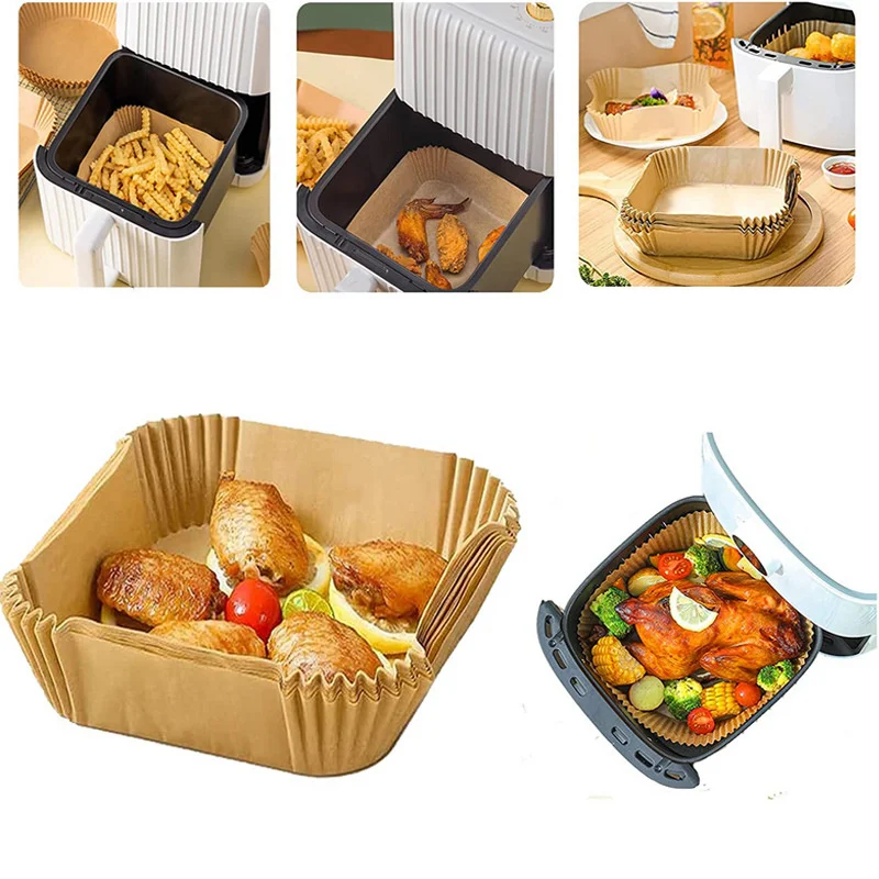 100pcs Air Fryer Paper Liner Disposable Oilproof Waterproof Square Steamer Basket Paper For Barbecue Oven Baking Kitchen Gadgets