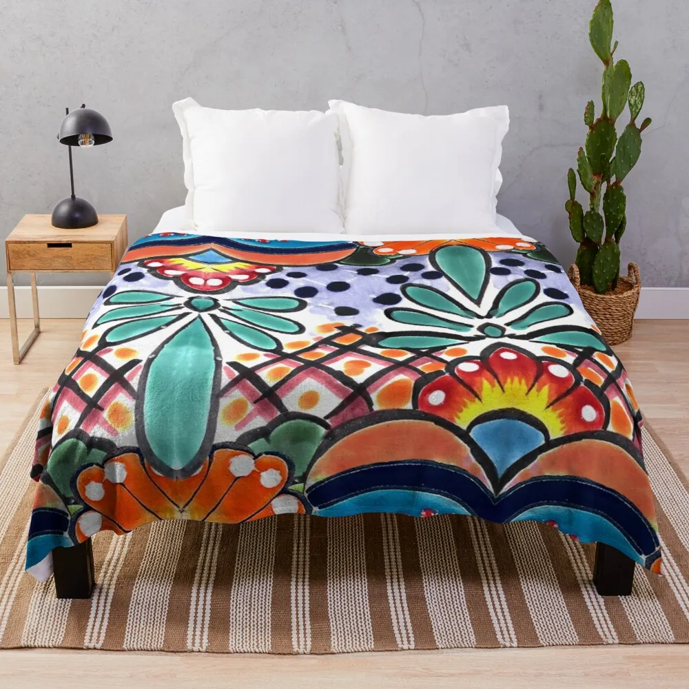 

Colorful Talavera, Orange Accent, Mexican Tile Design Throw Blanket Luxury Brand Blanket