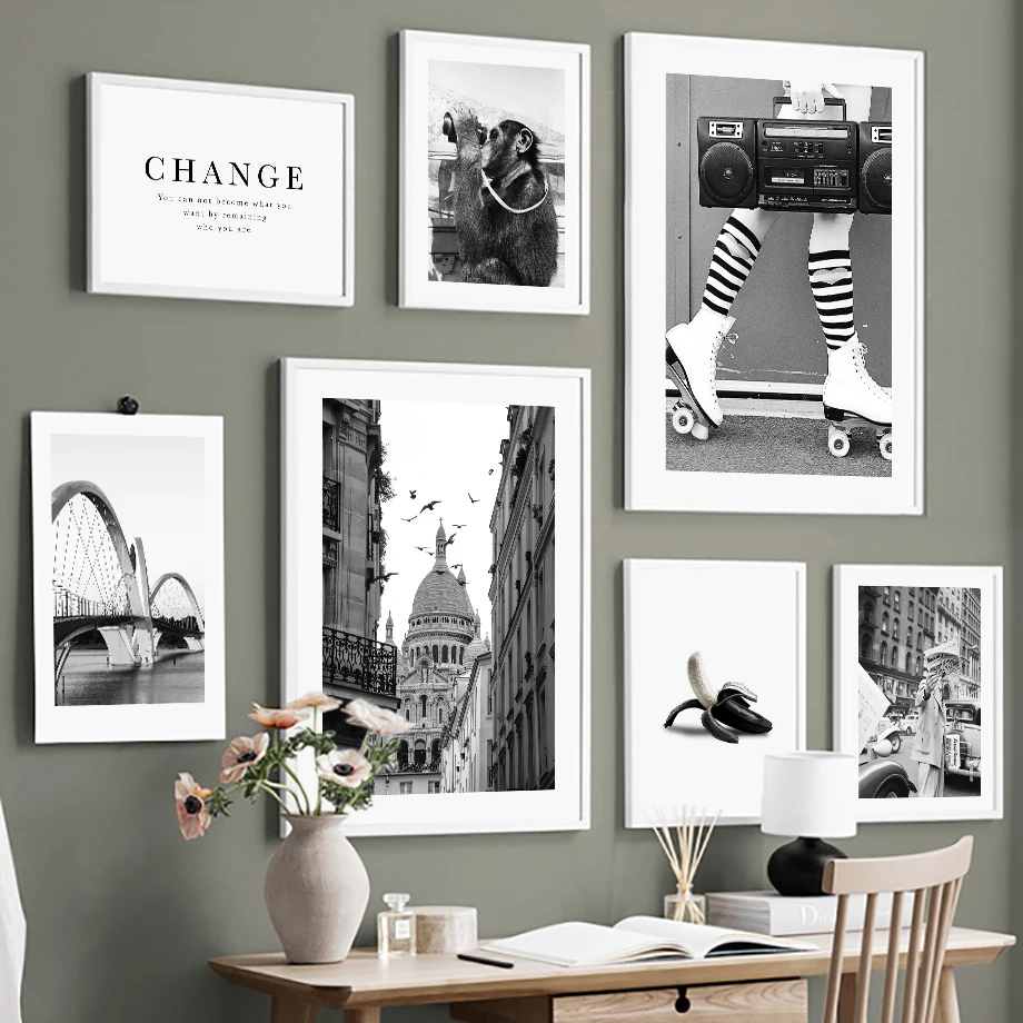 

Black White New York City Girl Apple Banana Wall Art Canvas Painting Nordic Posters And Prints Wall Pictures For Living Room Bar