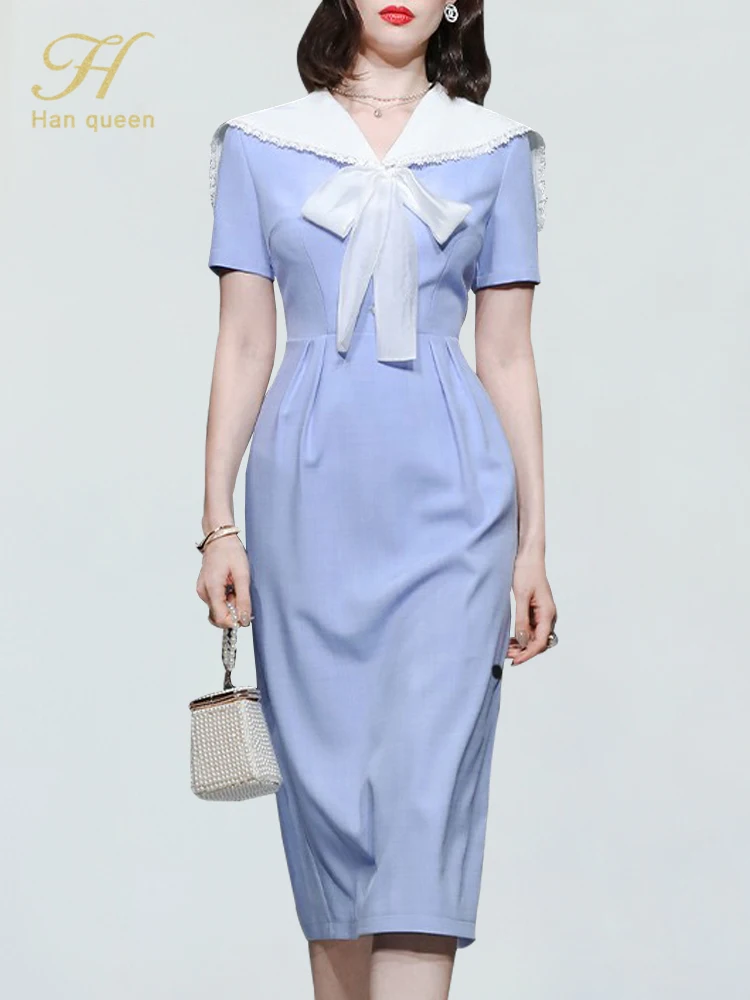 

H Han Queen New Summer Color Matching Lace-Up Bow Sheath Pencil Dress Elegant Office Vestidos Bodycon Casual Party Dresses Women