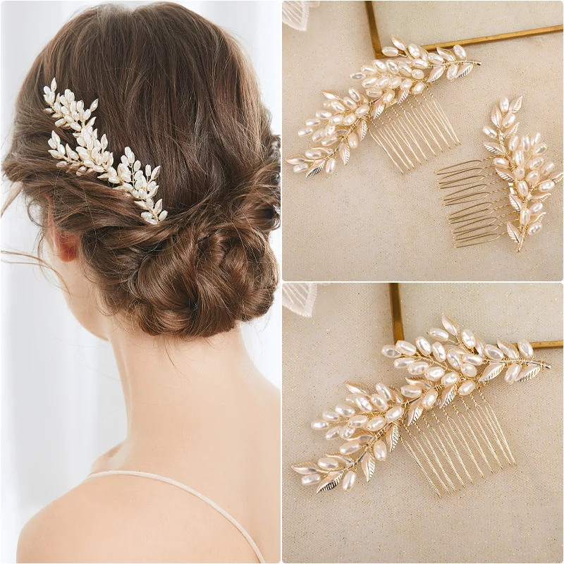 

Gold Color Women Freshwater Pearl Metal Leaf Bridal Hair Comb Set Wedding Party Fashion Women Hair Accessories Jewelry