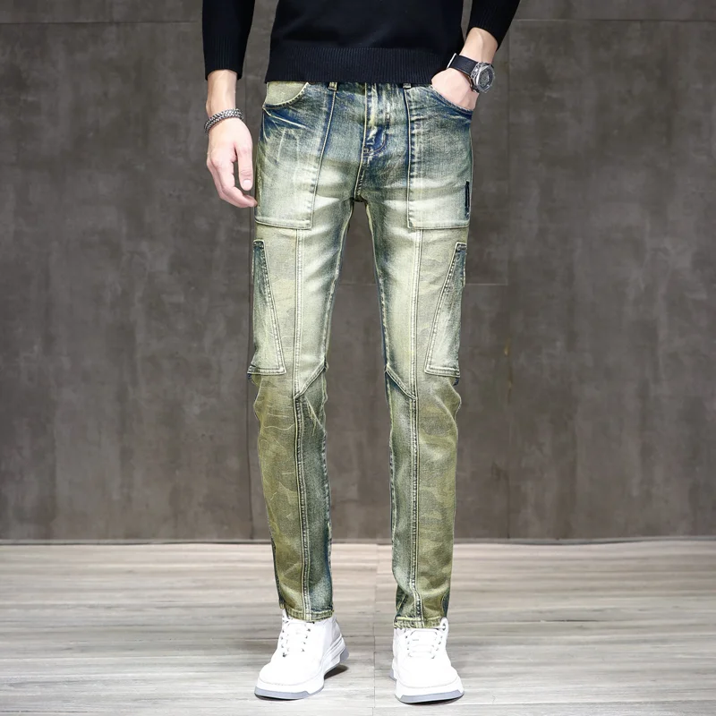 

Мужские джинсовые брюки в уличном стиле, трендовые Брендовые брюки для мужчин, повседневные однотонные байкерские дизайнерские мотоциклетные брюки