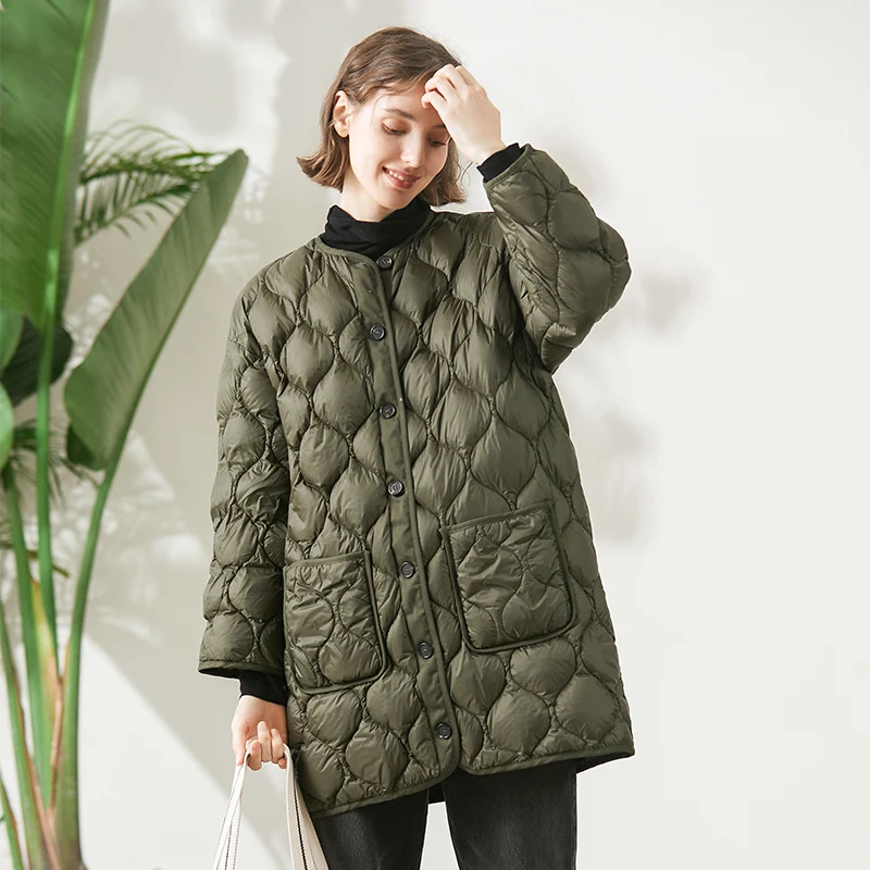 

Женская длинная куртка на утином пуху, теплая Свободная куртка с круглым вырезом, однотонная верхняя одежда, E367, зима 2022