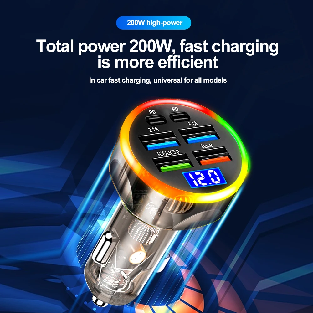 200 Вт 6-портовое автомобильное зарядное устройство для быстрой зарядки PD QC3.0 USB C