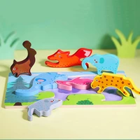 free shipping color three dimensional puzzle block children large jigsaw wood toys montessori cartoon animals 3d puzzles 8 style