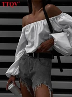 ttqv sexy slash neck fashion woman blouses 2022 casual loose long puff sleeve shirts elegant white crop top female clothing
