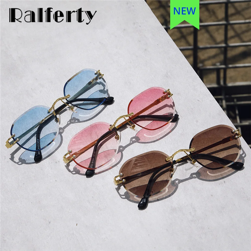

Ralferty 2022 New Rimless Sunglasses Women Brand Designer Cutting Ocean Lens Blue Pink Sun Glasses Female Shades Ladies Oculos