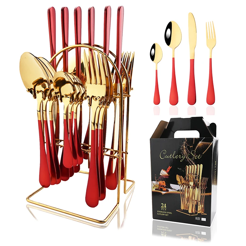 

24Pcs Dinnerware Set Stainless Steel Tableware Dinner Knife Fork Tea Spoon Flatware Red Gold Wedding Silverware Cutlery Rack Set
