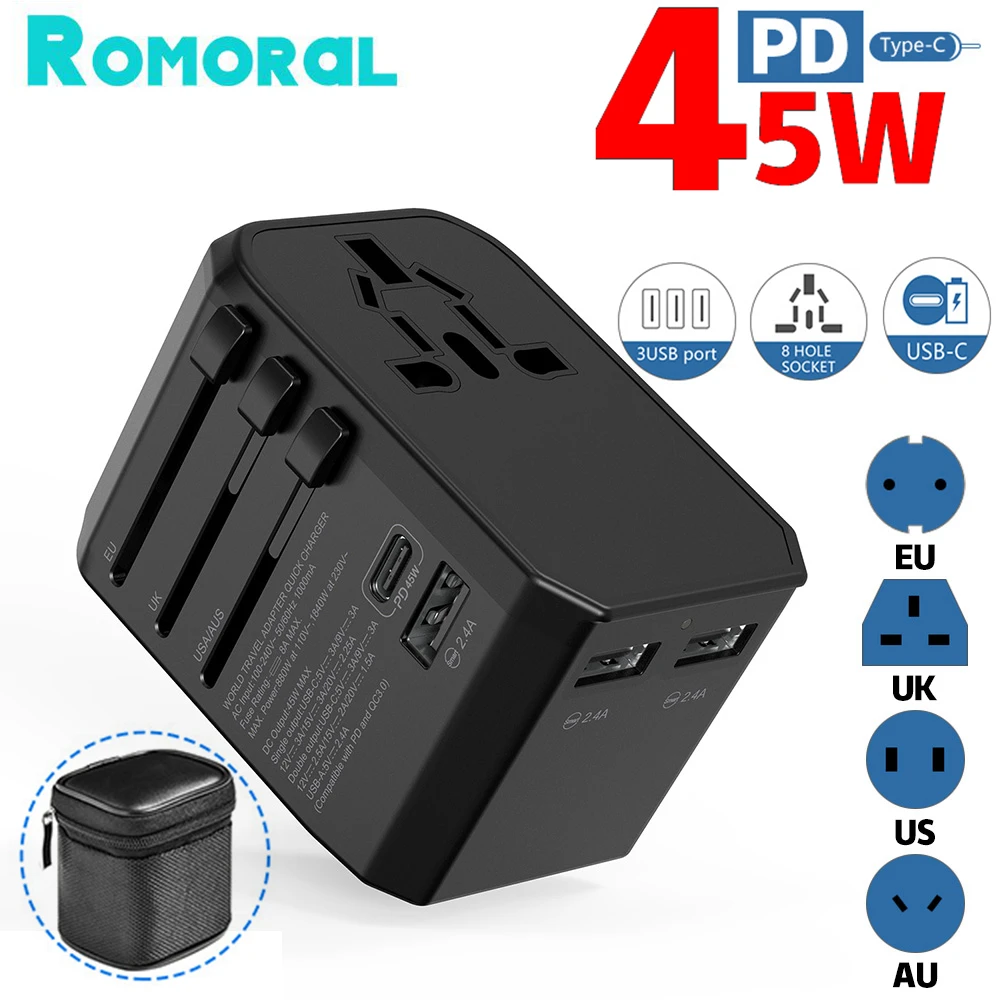 

45W PD QC3.0 Travel Adapter Worldwide Conversion Plug US UK AU EU Plug Universal Converter USB Type C Smart Phone Fast Charging