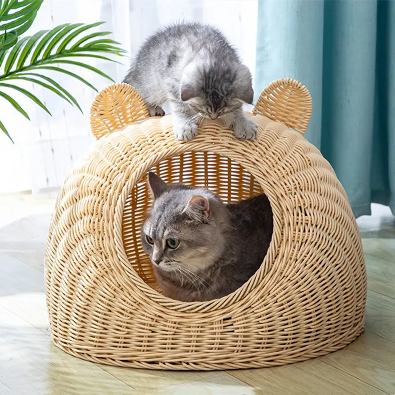 

Hand-woven Pet Bed for Cats Rattan Soft Bed Round Cat Bed Basket Nest Breathable Mat Pet Sleeping Bed Cool for Kitten Kitty