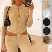 ribbed knit jumpsuit autumn and winter two piece suit tight fitting long sleeved buttoned womens sweater long sleeved jumpsuit