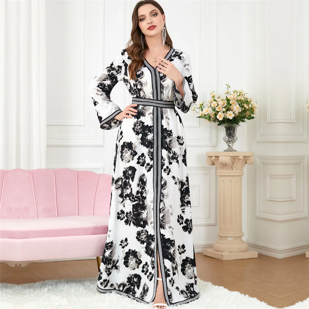 

Abaya Dubai Muslim Arab Party Dresses V-Neck Elegant Floral Print Belted Dress Turkish Islam Clothing Women Casual Gown Ramadan