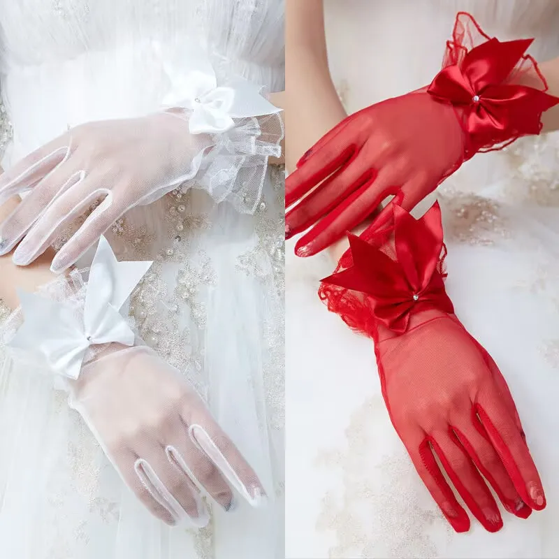 

1pair Bridal Short Gloves Gauze Lace Bowknot White Red Mesh Bow Hand Sleeves Wedding Photography Shooting Props Accessories