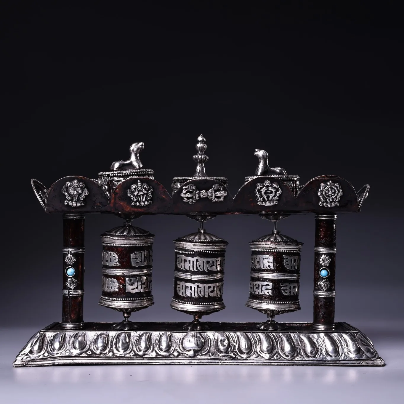 

10"Tibet Temple Collection Old Bronze Six Character Proverbs Three cylinders Prayer Wheel Dharma Amulet Worship Hall Town house