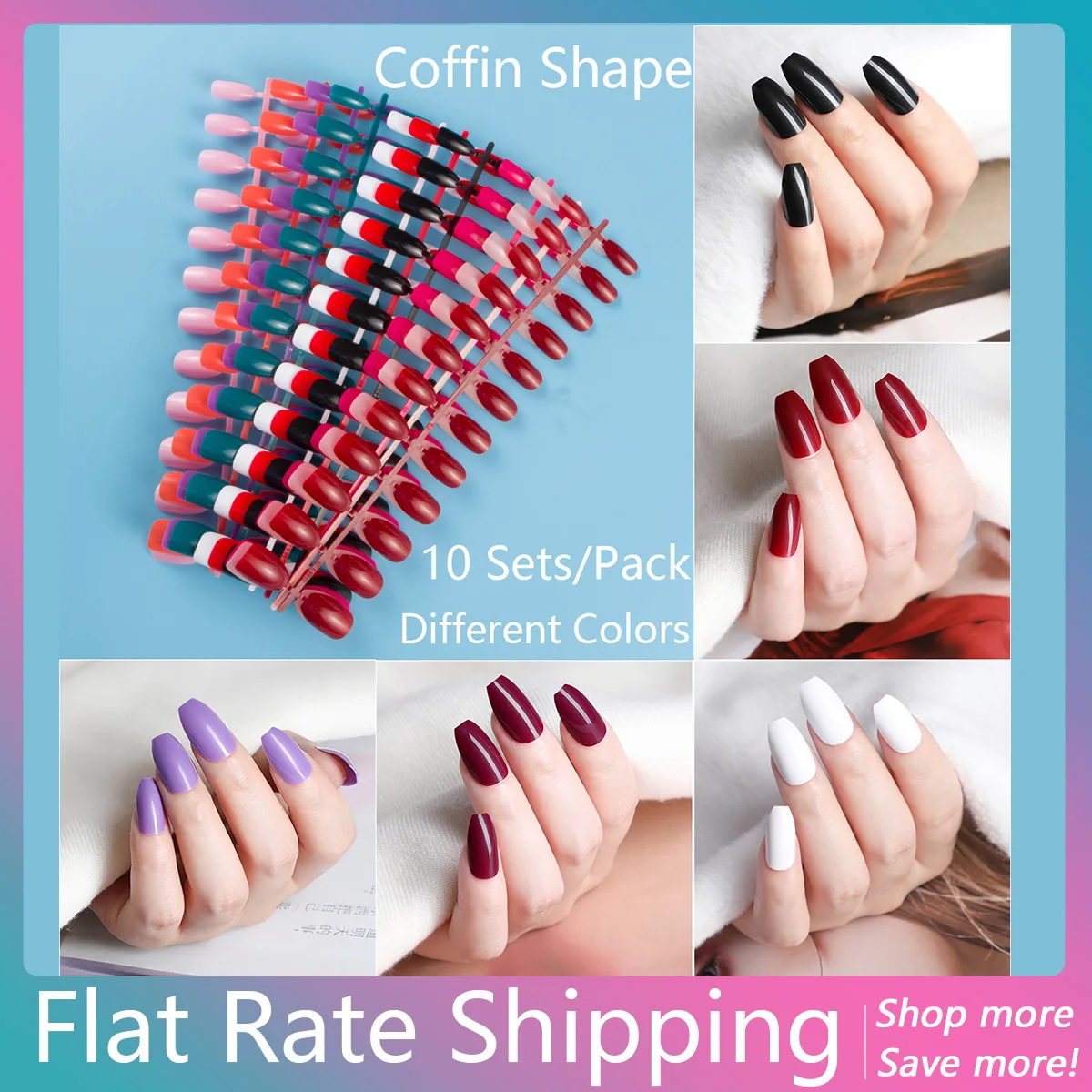 

Flat Rate Shipping 10 Sets Different Plain Colors Coffin Shape Press on False Nail DIY Full Cover Short Fake Nail Manicure