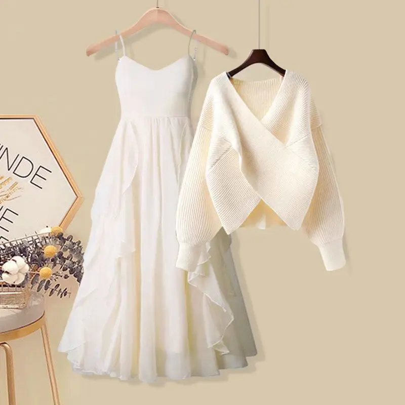 

Two Piece Dress Set Women Spring Autumn Solid Knitted Sweater and Sleeveless Dresses Suits Female