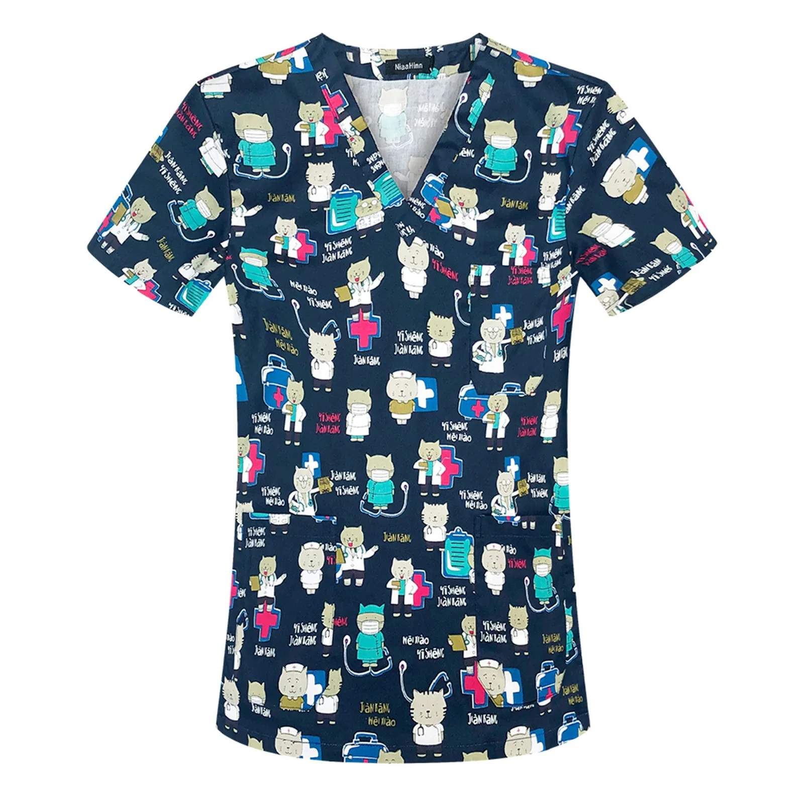 

Medical Lab Nurse Uniform Women Cartoon Print Scrub Short Sleeve Working Uniform Blouse Pockets Nurse Work Uniform Workwears