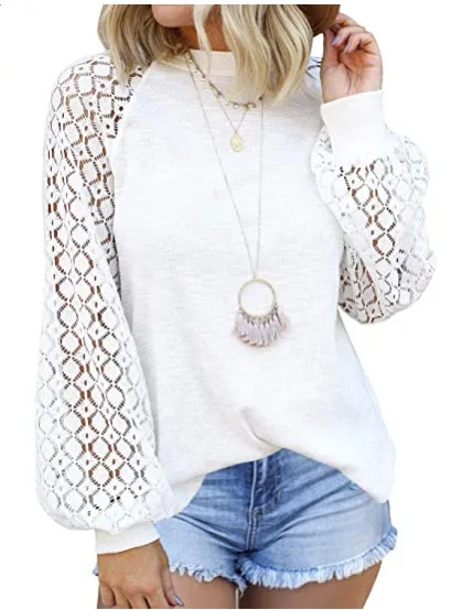 

2020 European and American new round neck long sleeve lace stitching loose top women