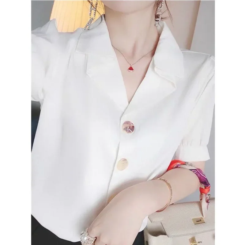 Элегантная белая шифоновая рубашка с коротким рукавом для женщин летний