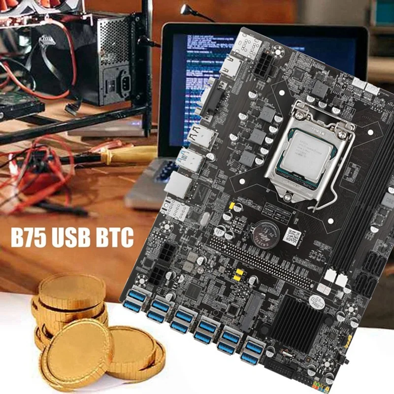 

Материнская плата B75 для майнинга BTC + ЦП + вентилятор + 2x4G DDR3 ОЗУ + линия переключения + сетевой кабель RJ45 12xpcie USB3.0 LGA1155 слот DDR3 SATA3.0