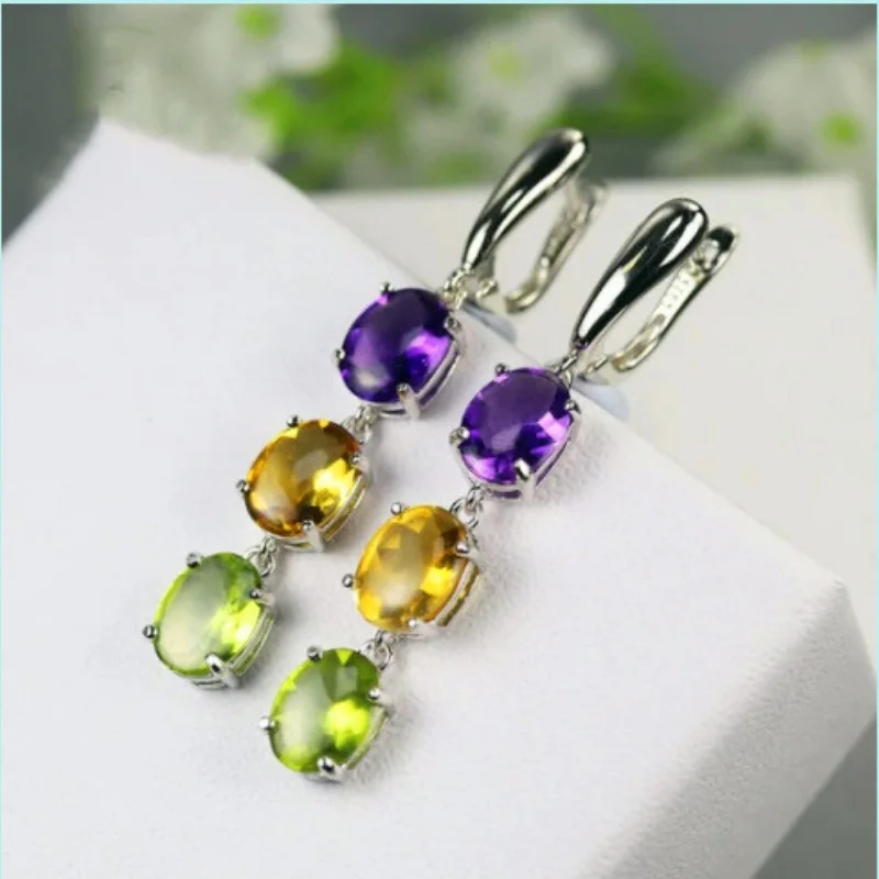 

Fashion Crystal Ladies Earrings Purple Yellow and Green Three-color Oval Rhinestone Pendant Casual Party Wedding Earrings