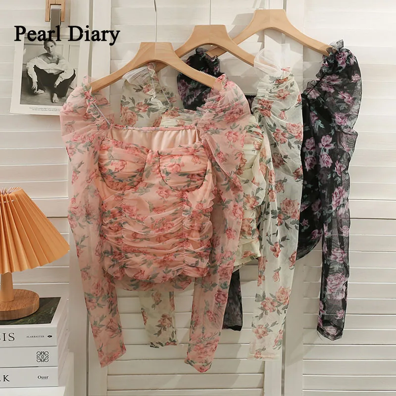 

Pearl Diary Women Summer Dense Flower Pattern Boat Neck Tops Fold Short Thin Y2k Clothes Fashion Chiffon Long Sleeve Tops