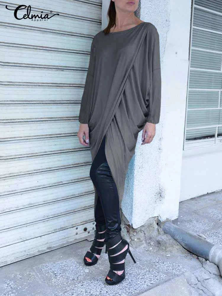 

Celmia Spring Stretchable Tops Irregular Hem Baggy Casual Loose 2023 Fashion Long Blouses Bat Sleeve Women Draped O-neck Blusas