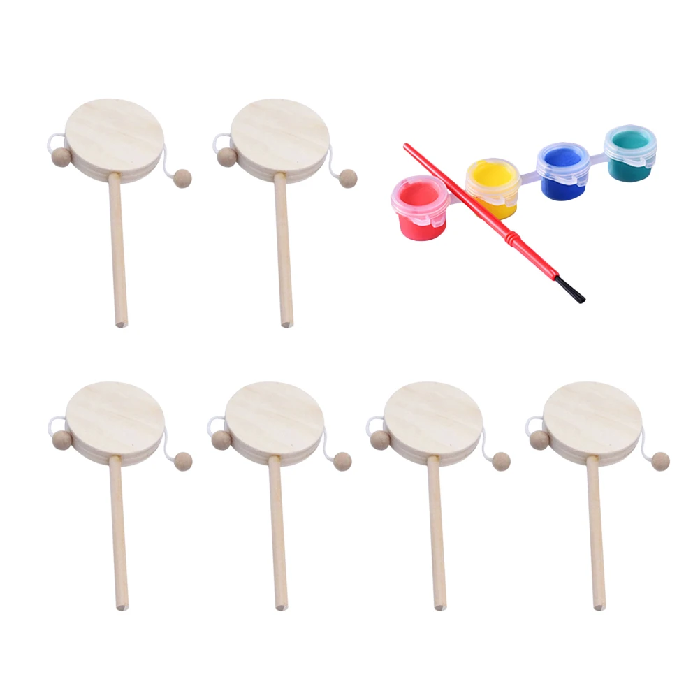 

6/8pcs 1Set Children creative DIY hand-made Rattle-drum Wooden Unfinished Painting Shaking Drum white embryo graffiti Toy