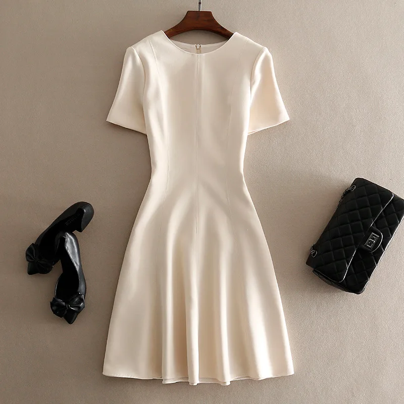 

Senior Mini Dress Women Solid Color Fashion Short Sleeve O- Neck Vintage Party Club Apricot A-Line Summer Dress