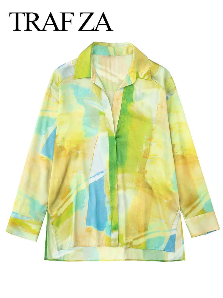 

Летняя свежая желтая зеленая женская рубашка с принтом мечты TRAF ZA, легкая шифоновая Удобная однобортная блузка с длинным рукавом