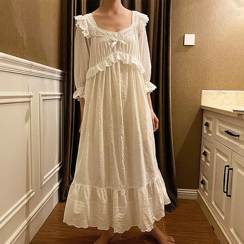 

White Lace Square Neck Princess Pajamas Retro Ladies Pajamas Pajamas Cute Casual Pajamas Women's 2021 Spring and Autumn Dress