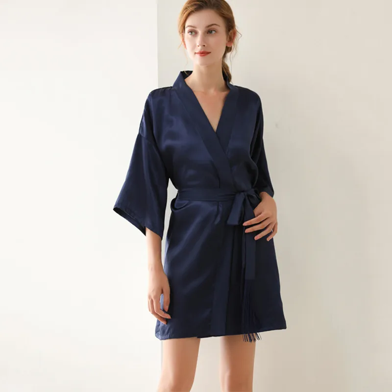 Women Navy Blue Bathrobe Bridesmaid Robe Solid Color Silk Satin Fashionable Night Robe Pyjama Sleepwear For Women Relax Pjs