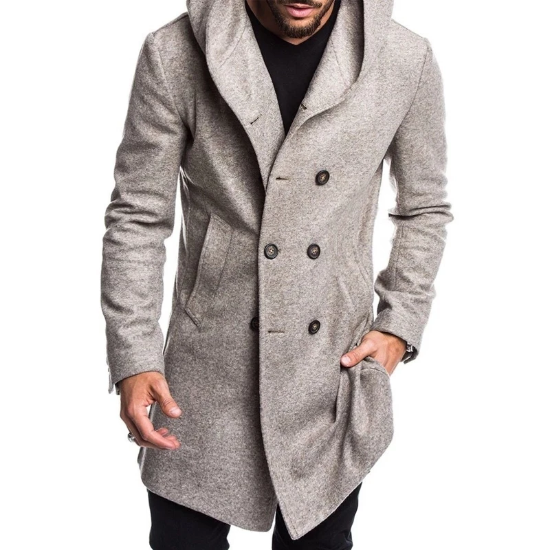 

Men's long jacket, wool blended long sleeved jacket, spring and autumn casual wear, solid color hooded jacket