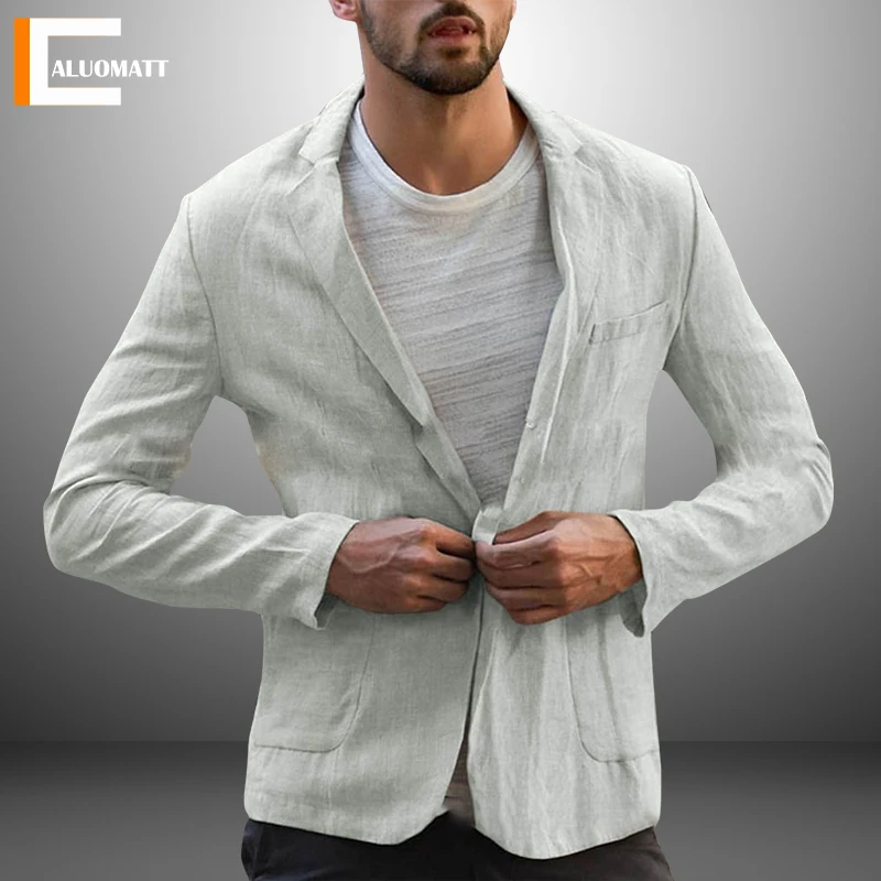 

Men's Blazer Jacket Spring Summer Solid Slim Casual Business Thin Terno Masculino Breathable Grey Cotton Linen Suit Coat Male