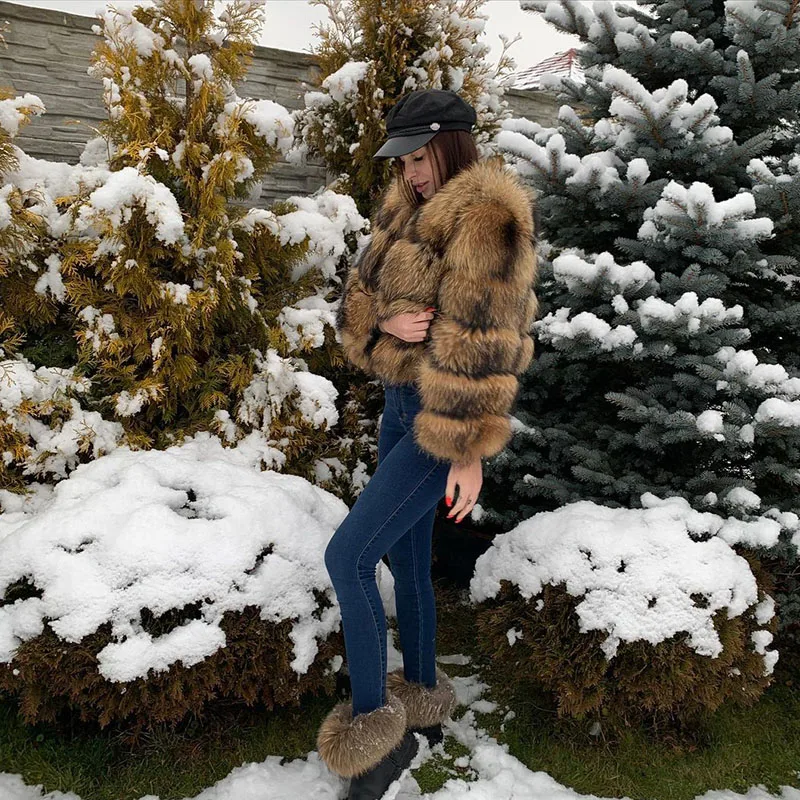 Real Raccoon Fur Coat Women Winter Raccoon Fur Top Clothes Natural Luxury Jackets Warm Thick Brown Natural Fur Parka