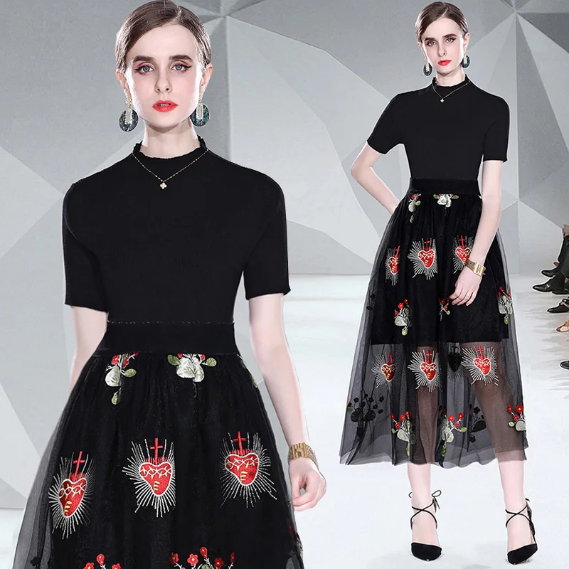 

Fashion 2022 For Women Summer Set Black Knitted Short SleeveTop + A Line Elastic Waist Mesh Midi Skirt Party Two Pieces Suit