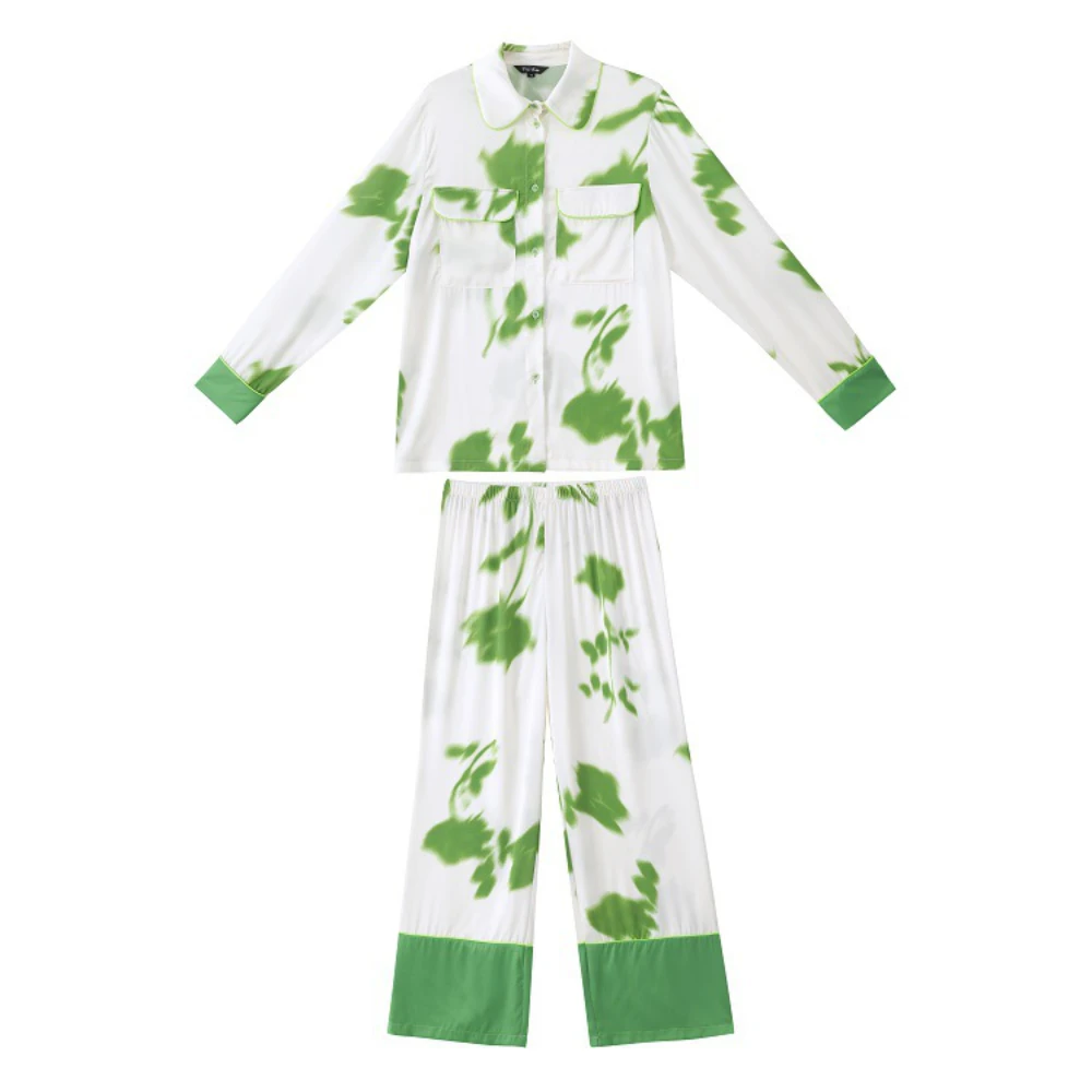 Maison Gabrielle 2022 Spring Summer Abstract Watercolor Printed Pajamas Set Loungewear Sleepwear for Women 2 Pieces Long Sleeve