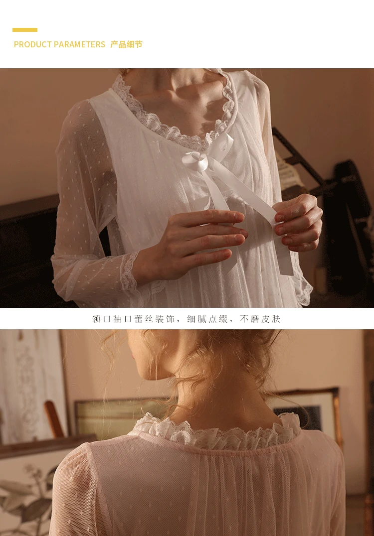 New Women's Spring Autumn Fairy Style Bowknot Lace Polka Dot Mesh Modal Lining Nightgowns Sleepshirts Sleepwear Pajama