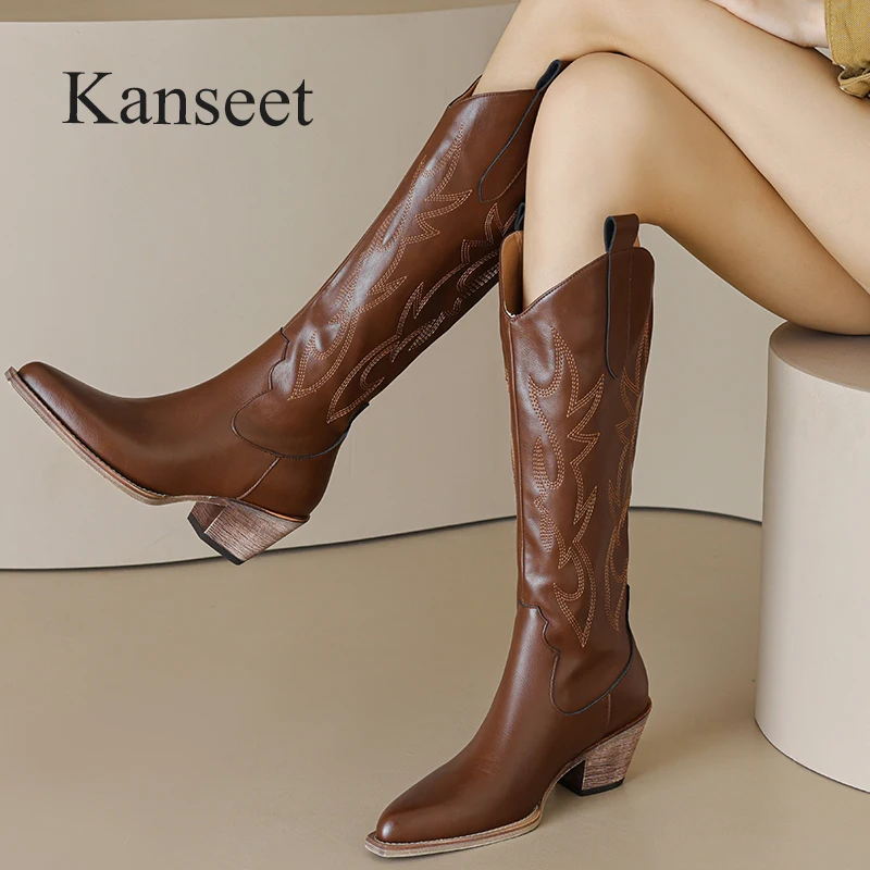 

Женские осенне-зимние сапоги Kanseet до колена из натуральной кожи с вышивкой, элегантные длинные сапоги с острым носком на высоком каблуке, размеры 43