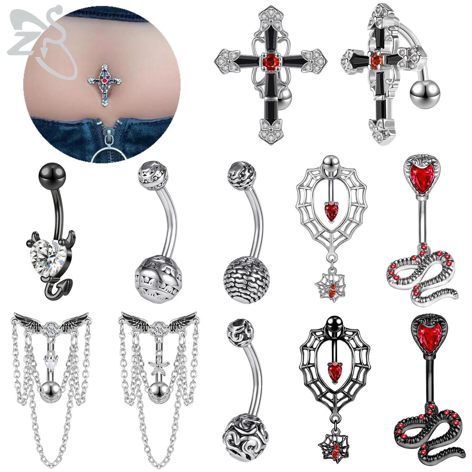 

ZS 1 PC Punk 14G Stainless Steel Belly Ring Black Snake Cross Pendant Crystal Navel Belly Button Rings Piercing Ombligo Jewelry