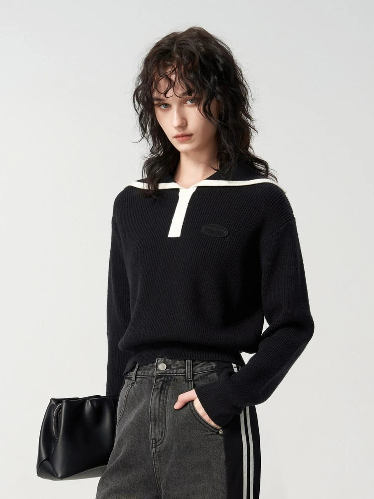 U/Ti черный повседневный свитер контрастного цвета с большими лацканами для