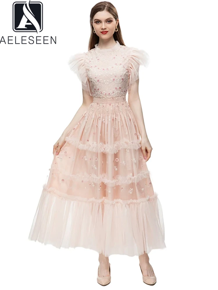 AELESEEN Luxury Women Summer Dress High Quality Flare Sleeve Mesh Flower Embroidery Ruffles Gauze Long Party Holiday