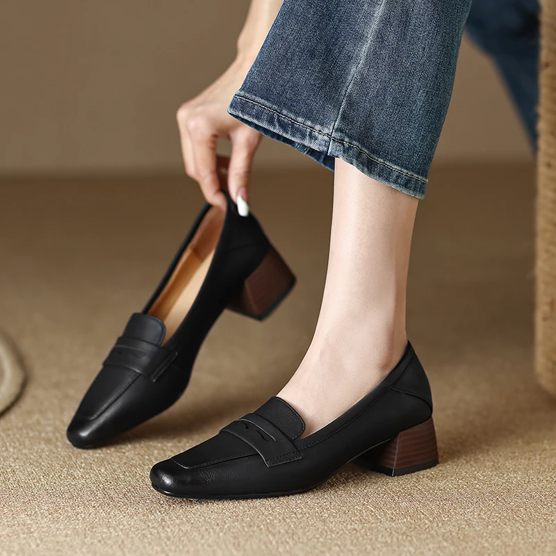 2023 Spring/Autumn Women Loafers Square Toe Chunky Heel Women Shoes NEW Genuine Leather Shoes Women Casual Retro Pumps for Women