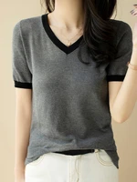 tops women v neck short sleeve loose thin knitting tee shirt femme solid basic casual summer fashion korean new t shirt female