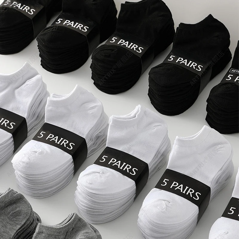 5pairs Men Socks Solid Black White Gray Cotton Mesh Breathable Low Cut Short Sock Women Men Absorb Sweat Sports Socks Ankle Sock