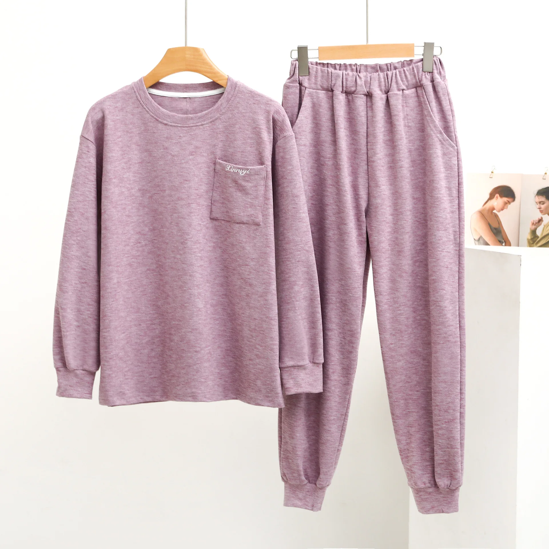 Women Loungewear Sweatshirt Pants Suit Autumn/Winter Symphony Flat Develvet Round Neck Long Sleeve Pocket Home Wear Thick Casual