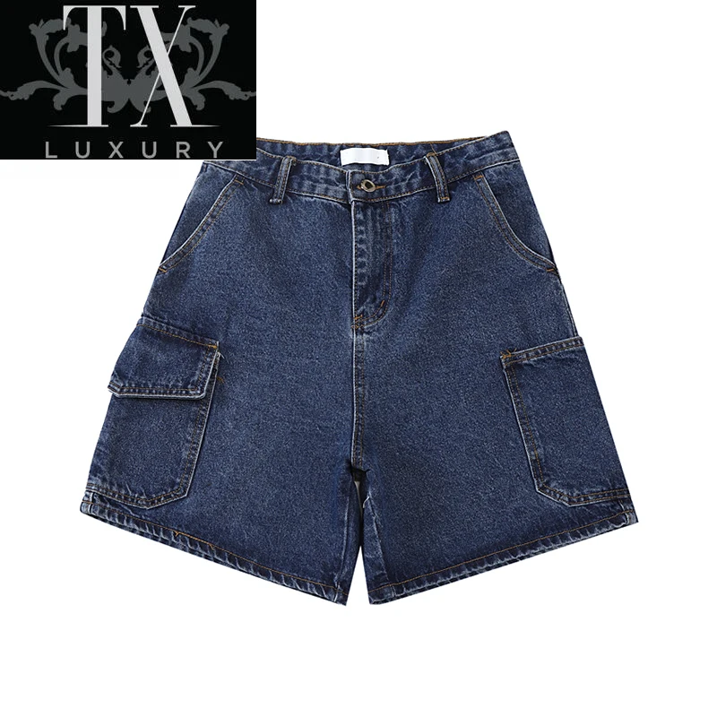 

Summer Jeans For Women's Streetwear Loose Biker High Waisted Irregular Pockets Design Denim Shorts Female