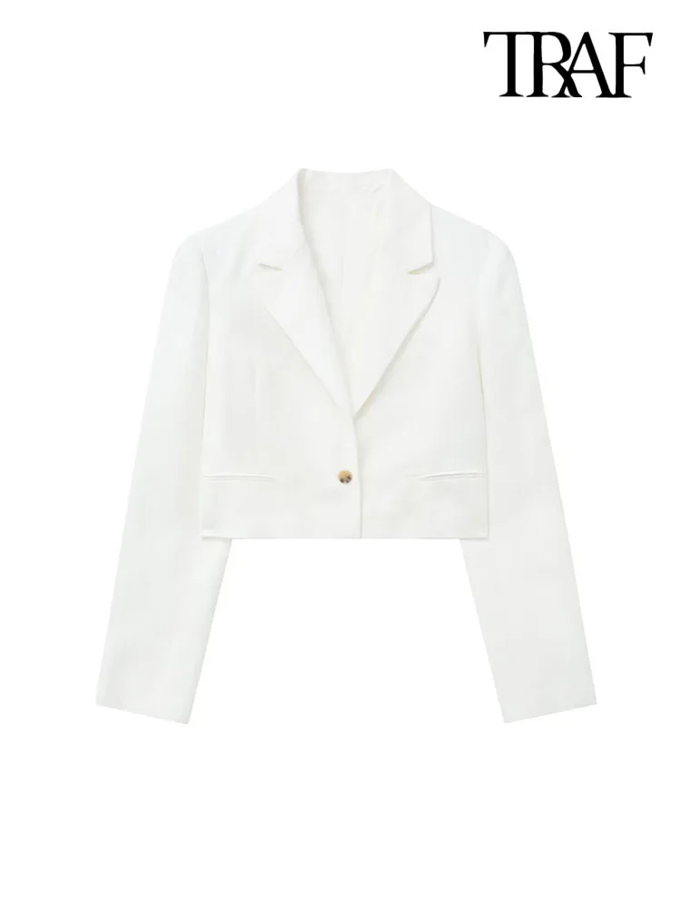 

TRAF Women Fashion Front Button Linen Cropped Blazer Coat Vintage Long Sleeve Welt Pockets Female Outerwear Chic Tops