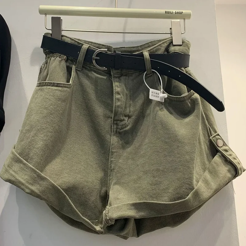 2022 New High Waist Harajuku Green Blue Denim Shorts College Style Summer Women Casual Loose Vintage Wide Leg Short Jeans Female