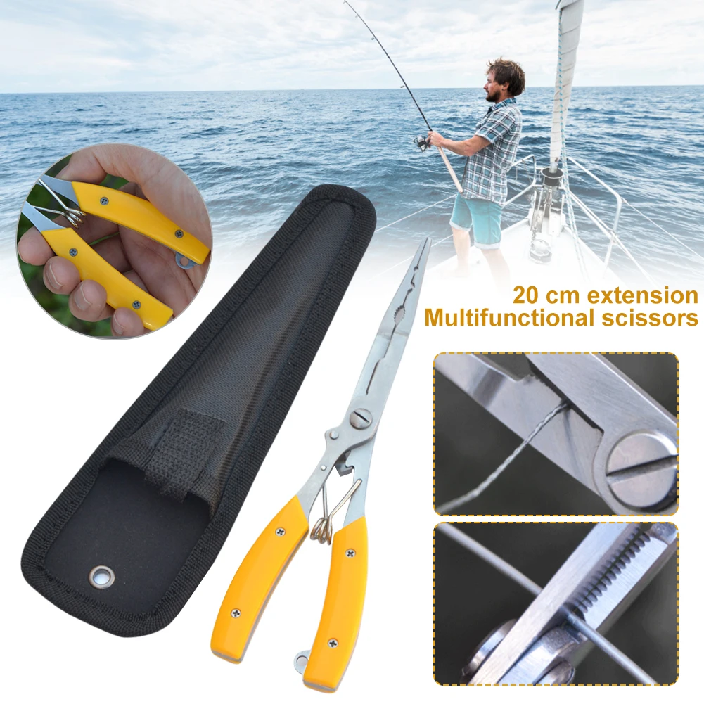 

Fishing Pliers Stainless Steel Hook Remover Braid Cutter Rustproof Wire Plier Fishing Multi-Tools With Sheath 8 Inches